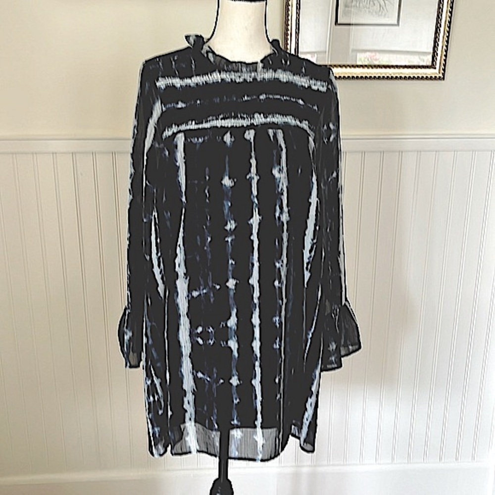 San Souci Multi Blue Tie Dye Inspo Smocked Tent Dress Tunic Long Sleeve size M
